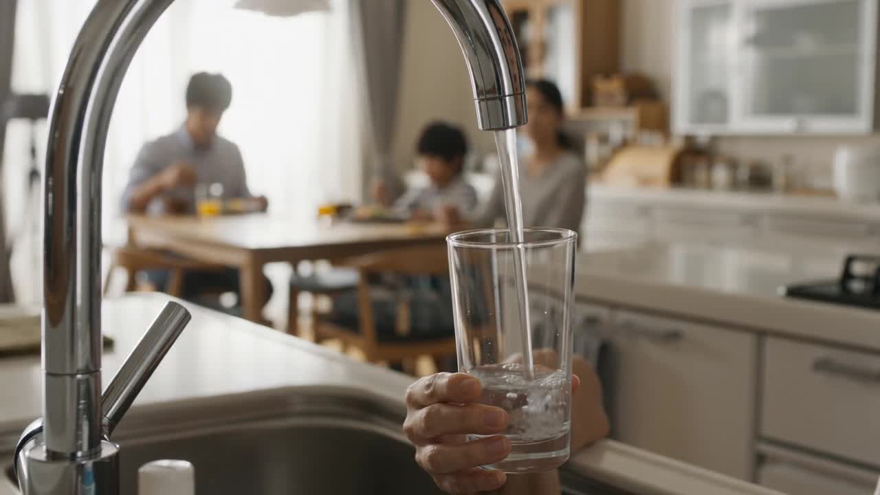 家族がキッチンで水を使う生活イメージ